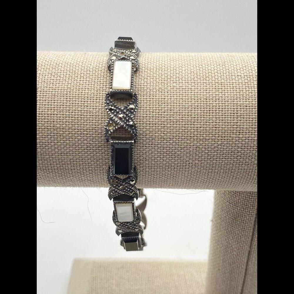OBJ Signed 925 Sterling Silver Black Onyx Marcasite And MOP Vintage Bracelet